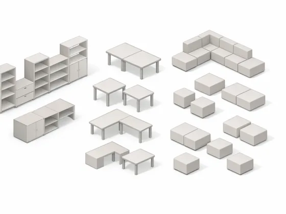 Modular furniture components arranged as an adaptive interior system rather than fixed standalone pieces.