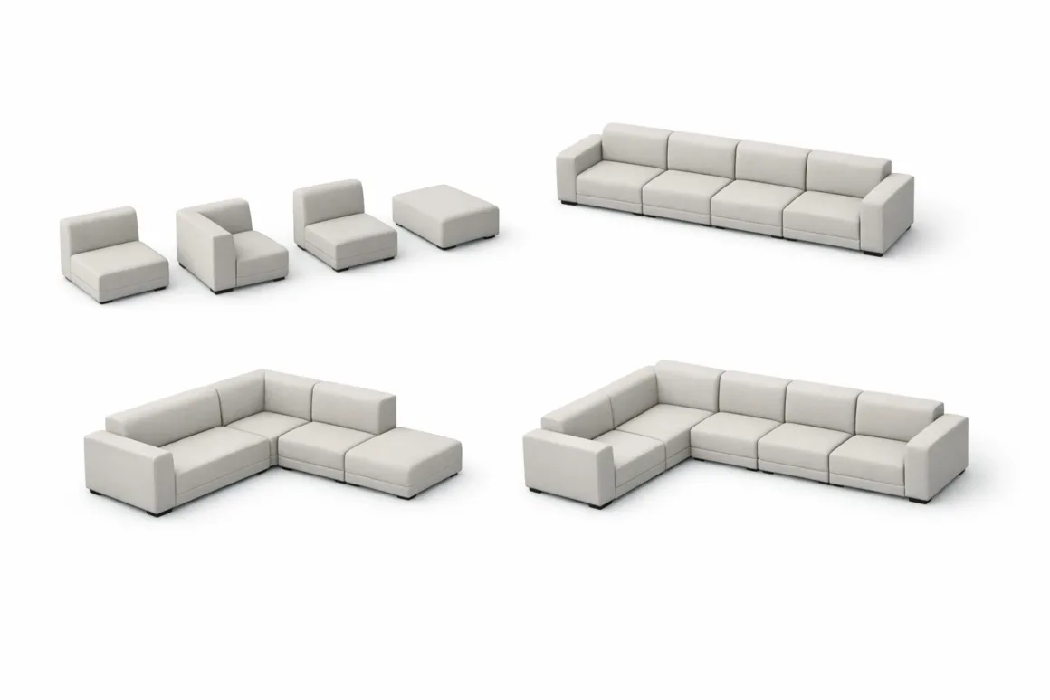 Diagram illustrating modular sofa components arranged separately and then assembled into straight, L-shaped, and U-shaped seating configurations.