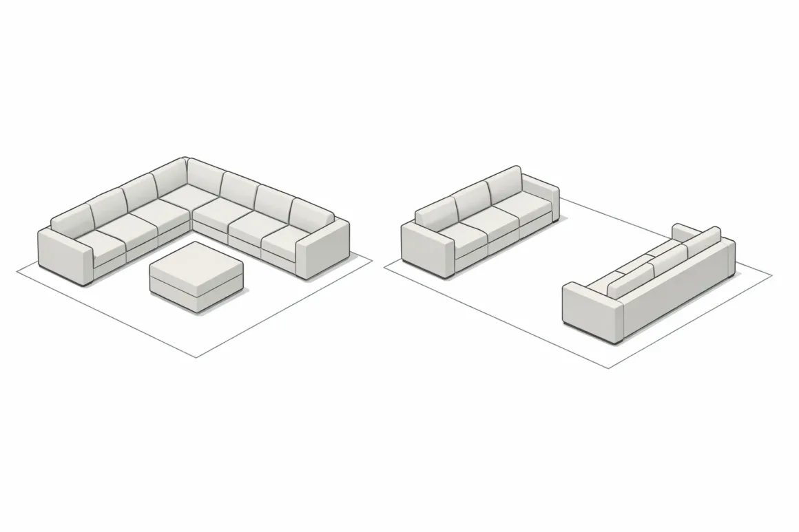 Layout comparison showing a modular sofa reconfigured from a U-shaped family seating arrangement into two facing sofas for guest use.