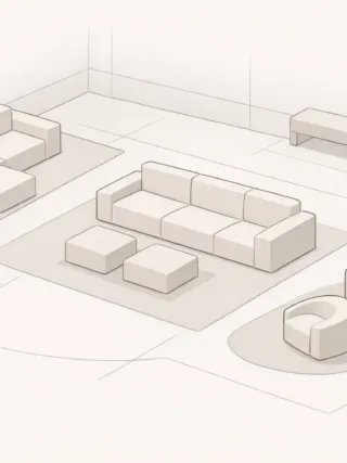 Illustration showing a neutral living room layout with abstract seating zones and circulation space.