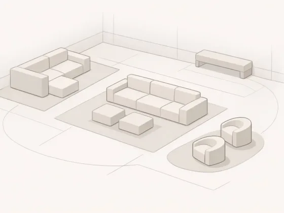 Illustration showing a neutral living room layout with abstract seating zones and circulation space.