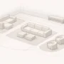 Illustration showing a neutral living room layout with abstract seating zones and circulation space.
