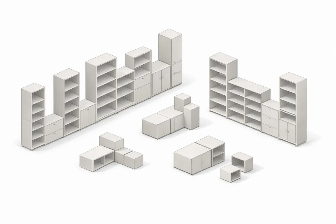Isometric diagram showing a storage-first modular furniture system where shelving forms the structural backbone and seating and work surfaces attach as adaptable components.