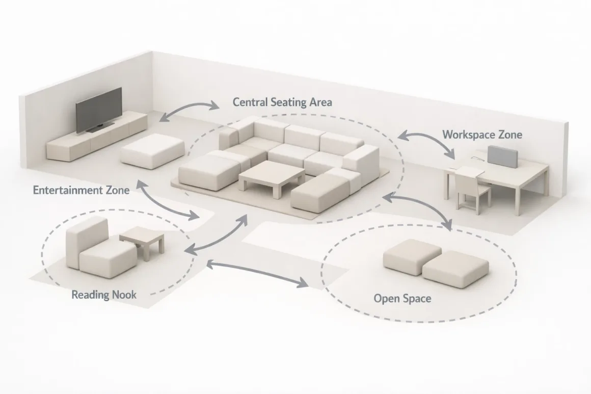 Diagram illustrating functional zoning in a living room, showing how seating, work, and open areas coexist within a flexible layout system.