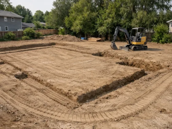 Cleared residential lot showing soil grading and foundation layout before construction