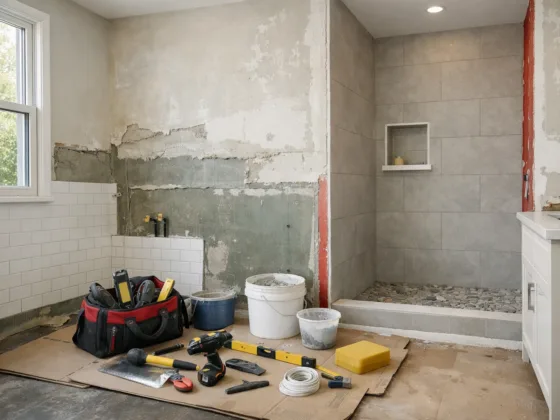 Bathroom remodel in progress showing tile installation and renovation tools during construction.