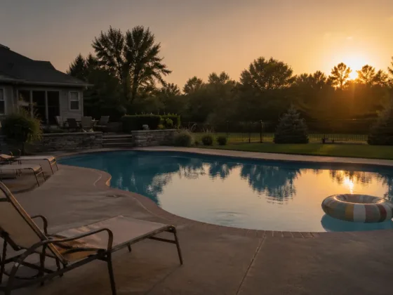quiet backyard pool at sunset with empty lounge chairs and a floating pool ring