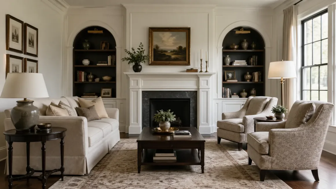 traditional living room interior with symmetrical layout fireplace and neutral tones