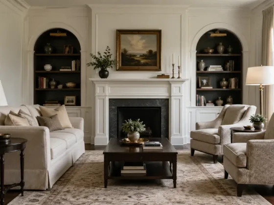 traditional living room interior with symmetrical layout fireplace and neutral tones