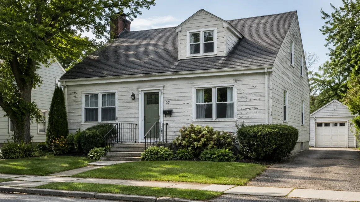 white house exterior with fading paint and visible wear on siding