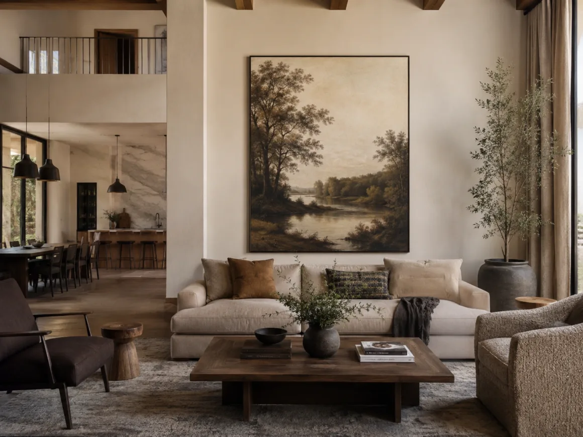 Oversized wall art creating visual balance in an open-concept living space