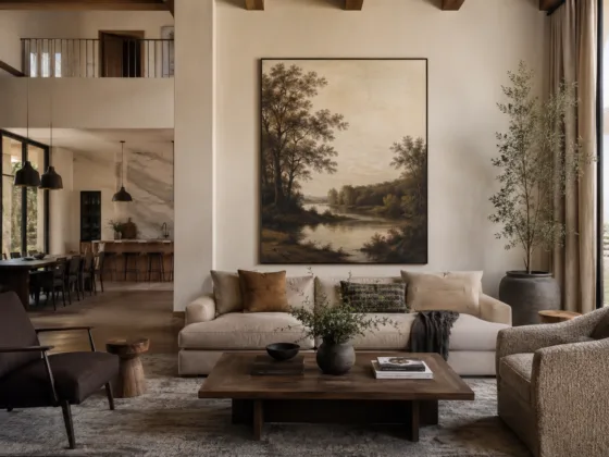 Oversized wall art creating visual balance in an open-concept living space
