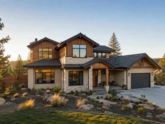 Contemporary home designed around a sloped lot with mature trees and a practical driveway