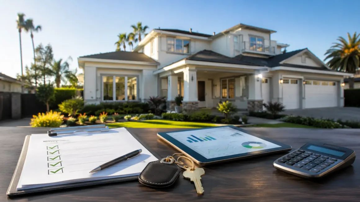A clipboard checklist, house keys, tablet with charts, and calculator on a table in front of a California suburban home