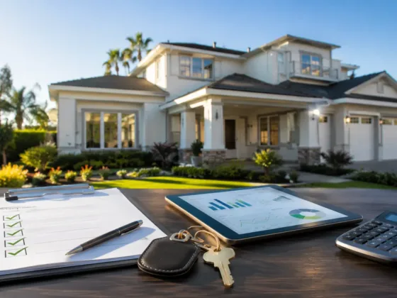 A clipboard checklist, house keys, tablet with charts, and calculator on a table in front of a California suburban home